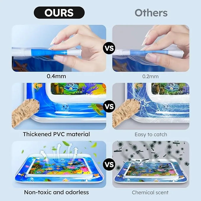 Comparison showing thickened PVC cat water play mat versus ordinary thin mat